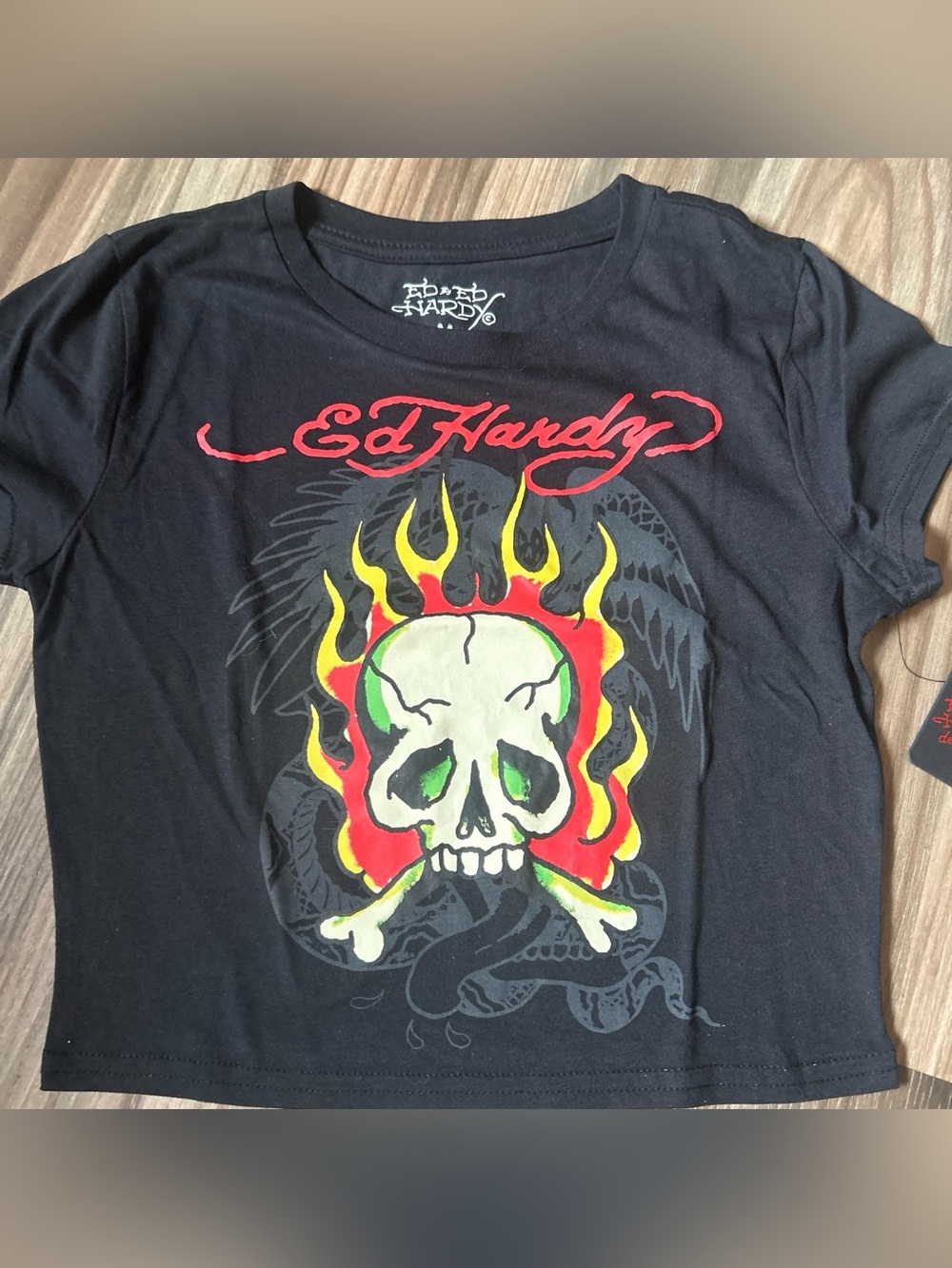 Ed Hardy Black Short-Sleeve Tee with Flaming Skull Graphic